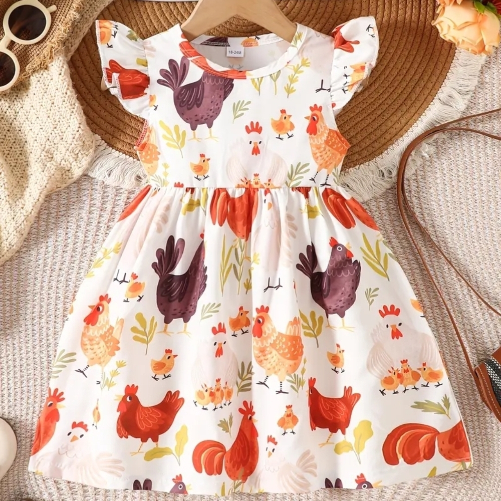 Girls' White Chicken Print Flutter Sleeve Dress